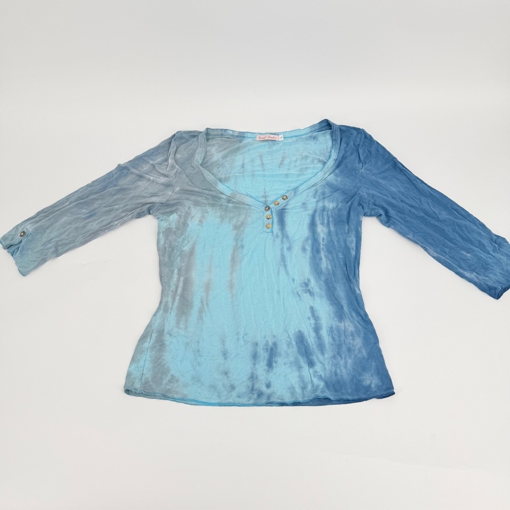Casual Freedom Henley Shirt Tie Dye Y2K Women Size Large Blue Long Sleeve Top L